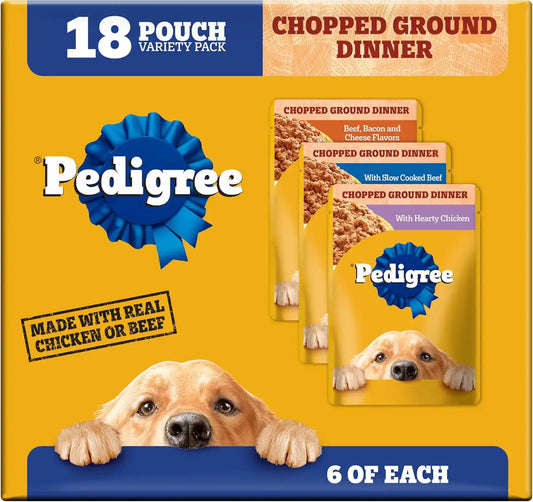Pedigree Chopped Dinner Wet Dog Food Pouch, Beef Variety, 3.5 oz, 18 Count