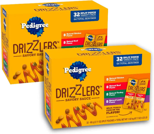 Pedigree Drizzlers Savory Sauce Wet Dog Pouch, Variety, 32 Count, 2-Pack