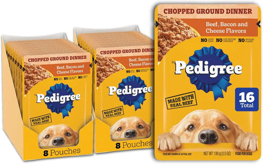 Pedigree Chopped Dinner Wet Dog Food Pouch, Beef & Bacon, 3.5 oz, 16 Count