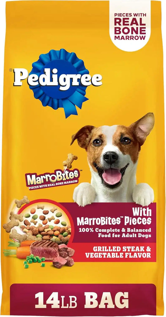 Pedigree Dry Dog Food with MarroBites Pieces, Grilled Steak & Vegetable Flavor for Adult Dogs, 14 lb. Bag
