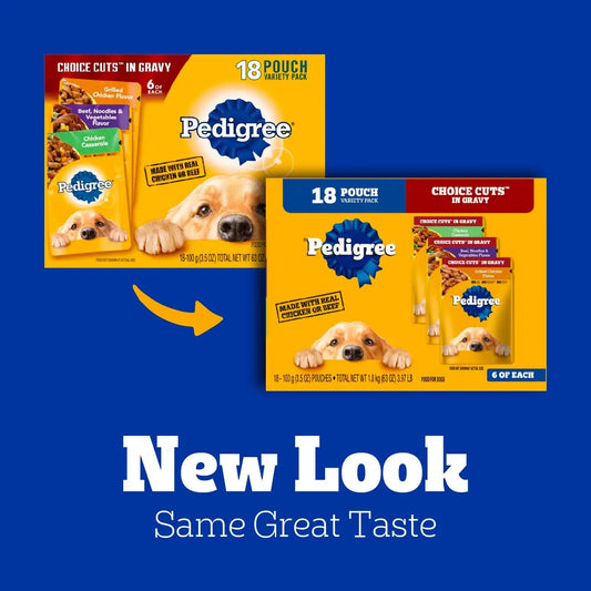 Pedigree Choice Cuts Wet Dog Food Pouch, Variety, 3.5 oz, 18 Count, 2pk