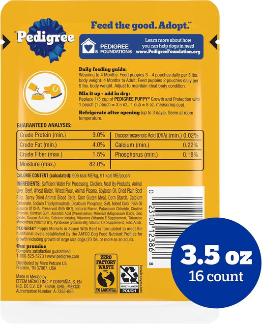 Pedigree Puppy Morsels Wet Dog Food Pouch, Beef, 3.5 oz, 16 Count