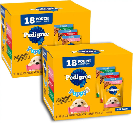 Pedigree Puppy Morsels Wet Dog Food Pouch, Variety, 3.5 oz, 18 Count, 2pack