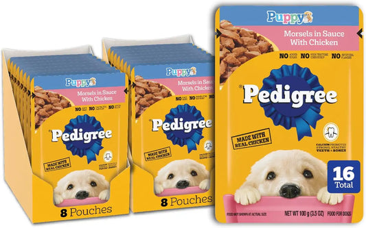 Pedigree Puppy Morsels Wet Dog Food Pouch, Chicken, 3.5 oz, 16 Count