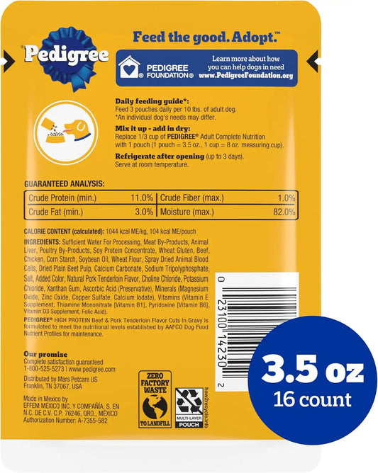 Pedigree High Protein Wet Dog Food Pouch, Beef & Pork, 3.5 oz, 16 Count
