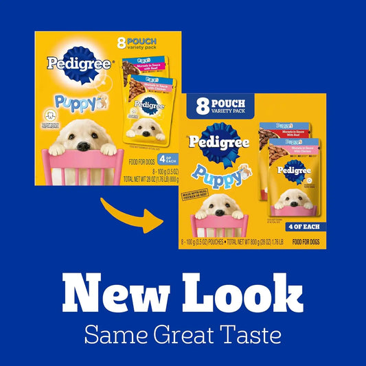 Pedigree Puppy Food Morsels in Sauce, Wet Dog Food Pouches Variety Pack, 3.5 oz. Pouches, 8 Count (Pack of 4)