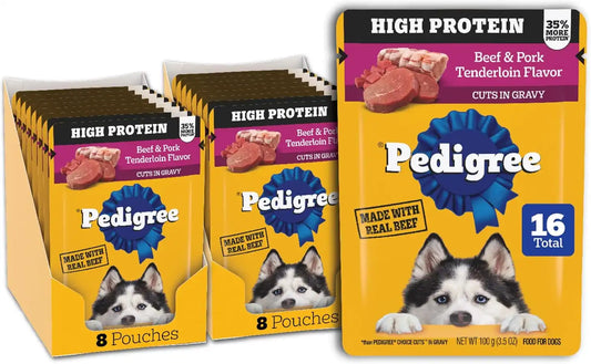 Pedigree High Protein Wet Dog Food Pouch, Beef & Pork, 3.5 oz, 16 Count