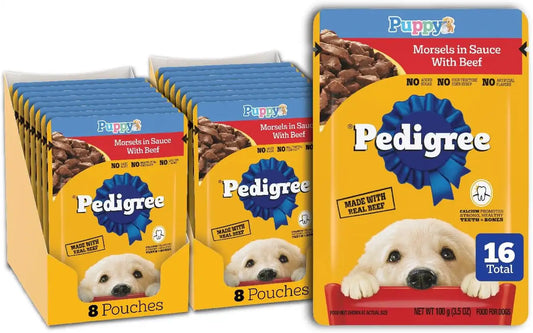Pedigree Puppy Morsels Wet Dog Food Pouch, Beef, 3.5 oz, 16 Count