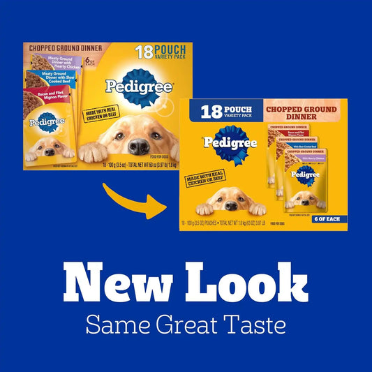 Pedigree Chopped Dinner Wet Dog Food Pouch, Variety Pack, 3.5 oz, 18 Count