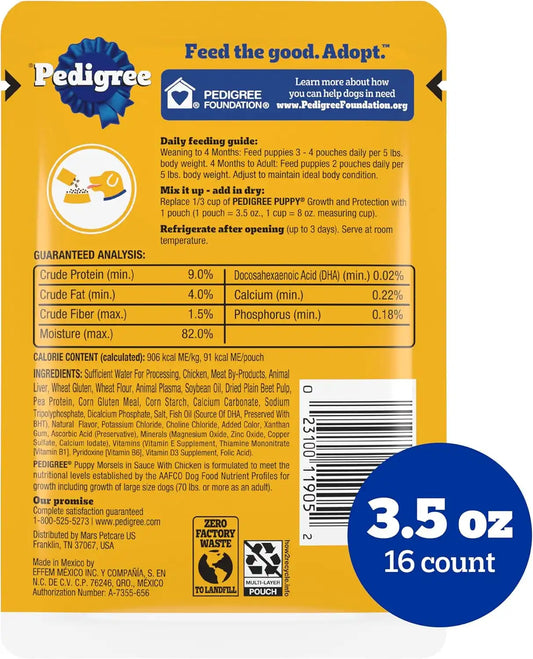 Pedigree Puppy Morsels Wet Dog Food Pouch, Chicken, 3.5 oz, 16 Count