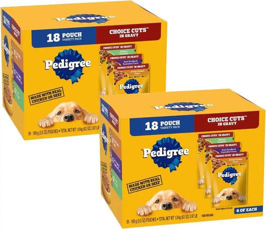Pedigree Choice Cuts Wet Dog Food Pouch, Variety, 3.5 oz, 18 Count, 2pk