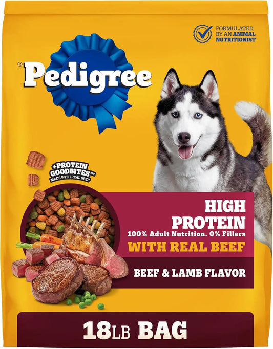 Pedigree High Protein Adult Dry Dog Food, Beef and Lamb, 18 lb