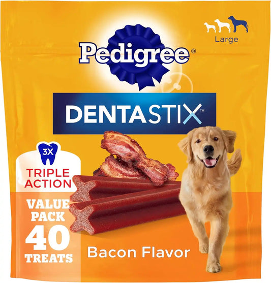 Pedigree Dentastix Large Breed Dental Dog Treats, Bacon Flavor, 40 Count