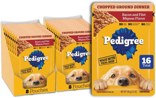 Pedigree Chopped Ground Dinner Wet Dog Food Pouches, Bacon and Filet Mignon Flavor, 3.5 oz. Pouches (16 Count, Pack of 1)
