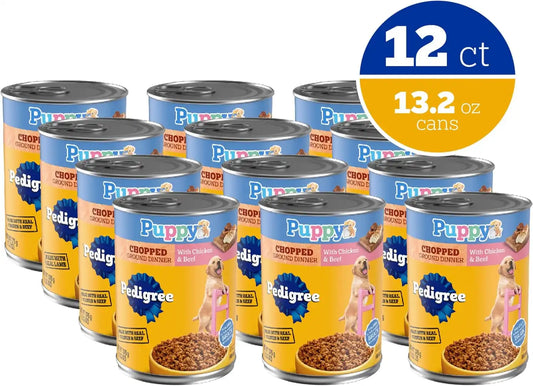 Pedigree Puppy Chopped Ground Dinner Wet Puppy Food with Chicken & Beef,Canned Dog Food,13.2 oz. Cans,12 Count (Pack of 2)