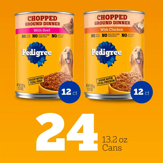 Pedigree Chopped Dinner Wet Dog Food, Chicken & Beef, 13.2 oz, 24 Count