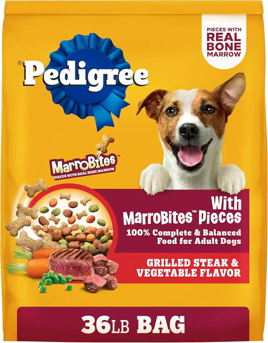 Pedigree Dry Dog Food with MarroBites Pieces, Grilled Steak & Vegetable Flavor for Adult Dogs, 36 lb. Bag