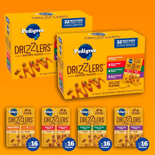 Pedigree Drizzlers Savory Sauce Wet Dog Pouch, Variety, 32 Count, 2-Pack