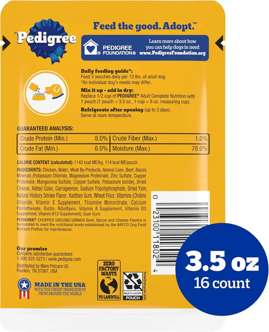 Pedigree Chopped Dinner Wet Dog Food Pouch, Beef & Bacon, 3.5 oz, 16 Count