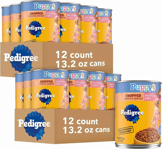 Pedigree Puppy Chopped Ground Dinner Wet Puppy Food with Chicken & Beef,Canned Dog Food,13.2 oz. Cans,12 Count (Pack of 2)