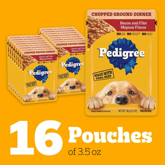 Pedigree Chopped Ground Dinner Wet Dog Food Pouches, Bacon and Filet Mignon Flavor, 3.5 oz. Pouches (16 Count, Pack of 1)